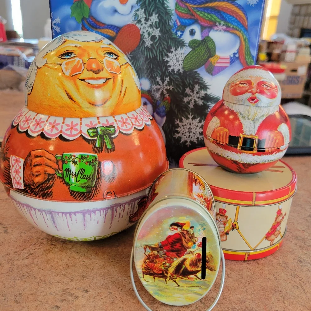 Christmas Tin Bundle ~ Shackman Co Santa, Drum, Bank & Cheinco Mrs. Claus ~Cute!
